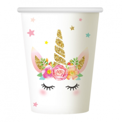  Colorful unicorn-themed cups featuring a glittery unicorn horn, floral accents, and stars. Ideal for kids' parties and celebrations.
