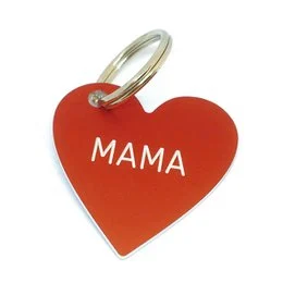 Heart-shaped red pendant keychain with the word "MAMA" printed on it. Made of durable metal with a sturdy ring for attaching to keys or bags.