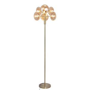 Staande lamp "Orion" ongeveer 165 cm hoog, gemaakt van messing gekleurd metaal en glas in barnsteen, G9-basis, verlichting voor woonkamer, eetkamer of kantoor.