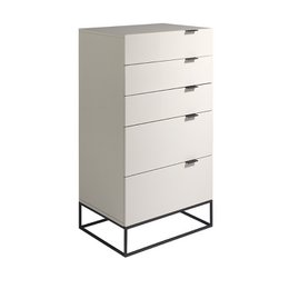 Tall gray wood and black steel chiffonier with 5 drawers for storage.