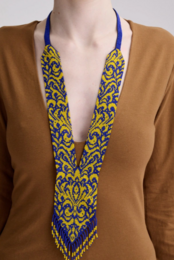  Blue and yellow beaded necklace, traditional gerdan, intricate geometric pattern, handmade beaded jewelry