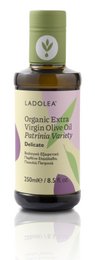 Organic extra virgin olive oil with delicate Patrinia variety, packaged in a 250ml glass bottle.