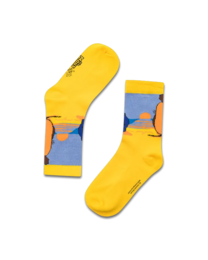 Multicolored kids' socks featuring a mouse and elephant design in shades of yellow, blue, and orange.