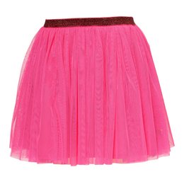 A bright pink tulle skirt with a brown elastic waistband, perfect for girls' casual or dressy occasions.