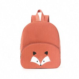 Corduroy children's backpack with a cute fox design, perfect for small adventurers. Features a spacious main compartment and adjustable straps for a comfortable fit.
