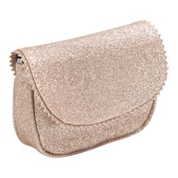 Gold glitter kids handbag with flap closure and adjustable strap.