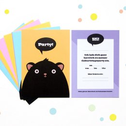 Colorful children's birthday party invitation cards featuring a cute black monster character. The cards include text in German for the party details.