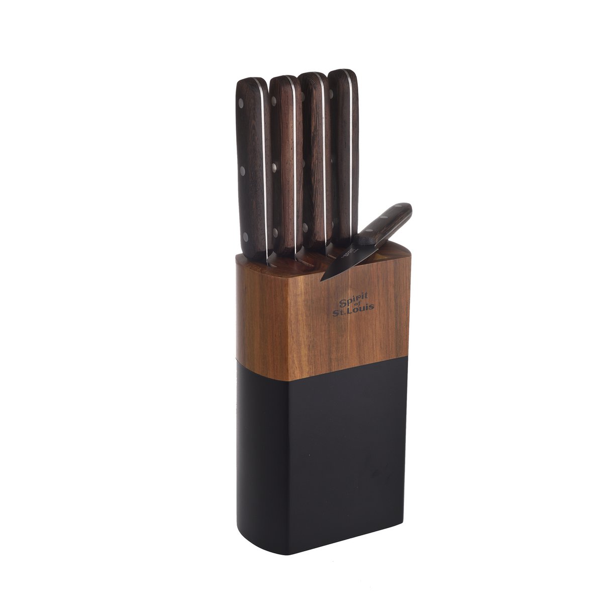 SOSL, Set de 5 Pièces, Ensemble Couteaux de Cuisine, Set Acier Inoxydable, Titane, avec Bloc en Bois d'Acacia, Couteaux de Chef, Pain, Écumoire,Viande, Poisson, Lame Noire