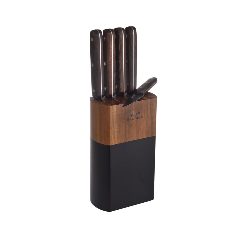 SOSL, Set de 5 Pièces, Ensemble Couteaux de Cuisine, Set Acier Inoxydable, Titane, avec Bloc en Bois d'Acacia, Couteaux de Chef, Pain, Écumoire,Viande, Poisson, Lame Noire