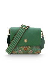  Small green cross-body bag with colorful floral pattern and adjustable strap.