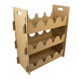 Sustainable cardboard wine rack with 12 bottle capacity, featuring a simple and minimalist design in a natural cardboard color.