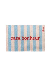 Blue and white striped door mat with "casa bonheur" text, rectangular shape, welcome mat