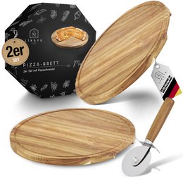  Round pizza board/plate made of FSC®-certified acacia wood, 35cm tall, with a pizza cutter included.
