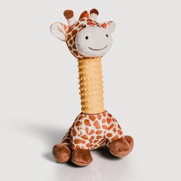  Plush giraffe toy with squeaker and wind-up mechanism. Soft, cuddly giraffe-shaped pet toy in brown and orange colors.