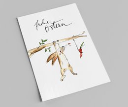 Hanging bunny with carrot, Easter card with hand-drawn illustration, pastel colors, festive design.