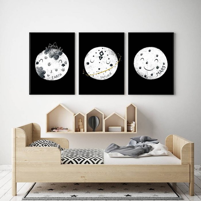 Kinderkamer poster Saturnus - Planeten serie - Zwart wit geel