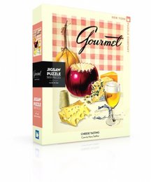 A 500-piece jigsaw puzzle featuring a cheese tasting scene with a red apple, wine glass, and various cheese wedges on a checkered tablecloth background.