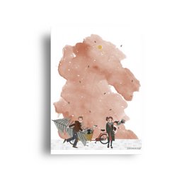 A postcard featuring a whimsical illustration of people transporting a Christmas tree on a cargo bike, with a pink watercolor background.