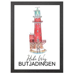 A framed poster depicting the iconic Hohe Weg Lighthouse in Butjadingen, Germany. The lighthouse is shown in a vibrant red and white color scheme, with a text overlay reading "Hohe Weg Butjadingen". This poster is available in three sizes: A2 (60x42 cm), A3 (30x42 cm), and A4 (30x21 cm).