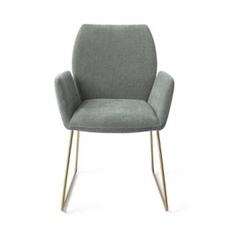  Jesper Home Misaki Dining chair in Slide Gold. Upholstered in a variety of colors including Funky Fudge, Honey Harvest, Merry Mermaid, Almost Black, Anemone, Pretty Plaster, Cosy Copper, Sand Strand, Breezy Blue, and Mocha Mist. Features a metal frame with a sleek, modern design.