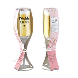  Sparkling glass champagne glasses, 23 cm tall, set of 6. Made of clear glass with a stylish design and "Miele Amore" text.