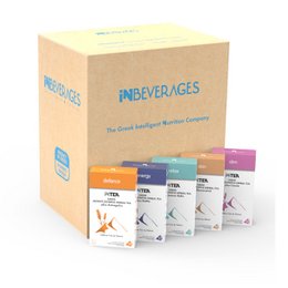 A starter pack of iNTEA Mt. Olympus tea bags in various flavors, including citrus, ginger, and turmeric. The tea is packaged in a branded box.