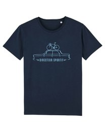  Dark navy blue cycling t-shirt with directeur sportif graphic design, short sleeves, minimalist bike illustration print