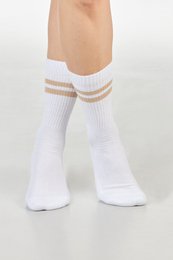 Camel-colored socks with white stripes, suitable for casual or athletic wear.