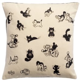 Decorative cushion featuring a pattern of playful kittens in black and white. The cushion has a neutral ecru background and measures 45 x 45 cm, making it a versatile accent piece for any room.