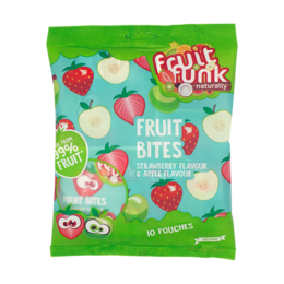 Fruit-flavored gummy snacks in a variety of shapes and colors, including strawberry and apple flavors.