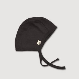  Dark gray wool fleece bonnet with chin ties, soft knit baby hat, warm winter headwear for infants.