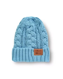 A blue braided knit hat for kids, featuring a cozy cable knit pattern and a small leather patch on the front.