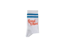 White socks with "Good Vibes" text and blue stripes, suitable for kids.