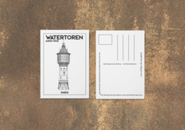 Postcard featuring a water tower illustration, available in multiple languages and formats.