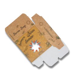  Cardboard case with opening for 100G square soap, no palm oil. The case has a simple, natural design with a sun-like graphic, suitable for gift packaging.