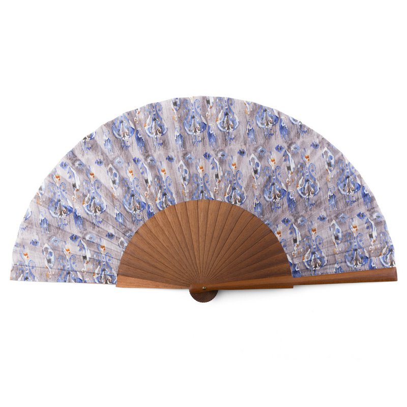 Handcrafted Silk Fan with Blue Ikat Pattern