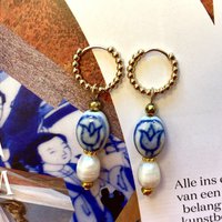 Earrings blue tulip and freshwater pearl