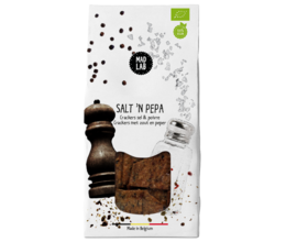 Rectangular crackers with black and white speckled design, featuring salt and pepper shakers. Organic and natural ingredients.