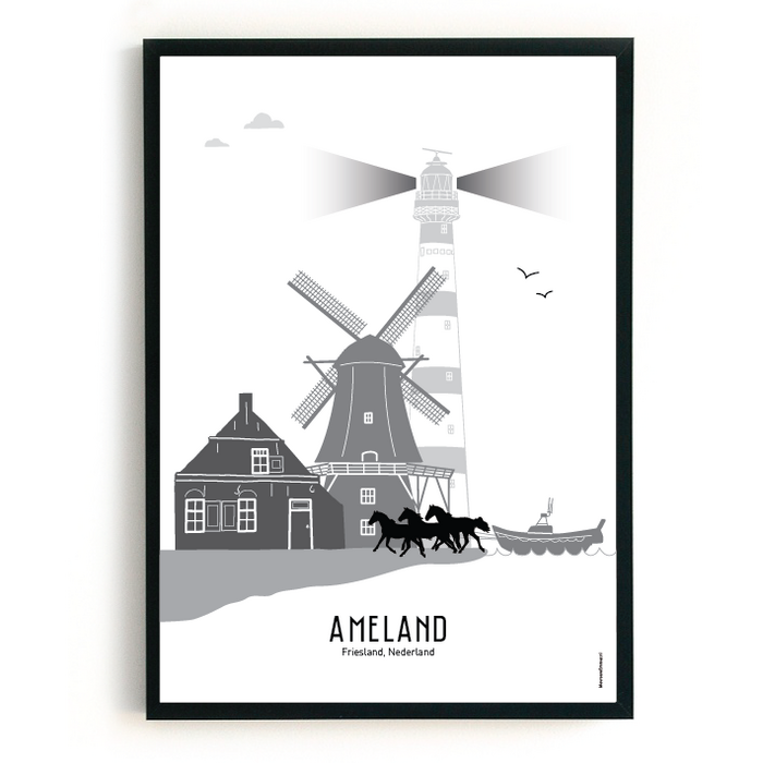 Poster skyline Ameland zwart-wit-grijs