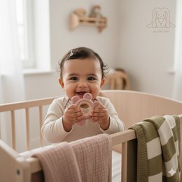A soft and hard flower-shaped teether made of wood and silicone in a blush color, designed for baby's teething needs.