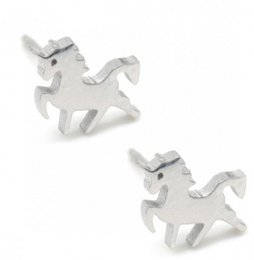  Silver stainless steel unicorn stud earrings, shiny metallic finish, mythical horse shape with horn
