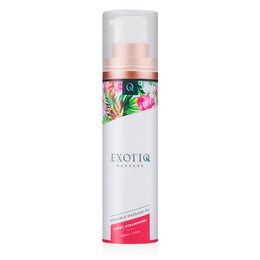 Sweet strawberry-scented massage oil in a 100ml bottle with a tropical floral design.