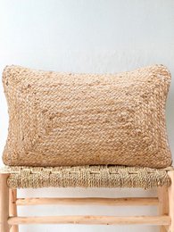  Beige textured jute cotton blend pillow cover, rectangular shape, woven pattern, natural material cushion.