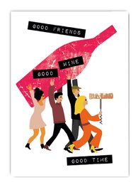 "Good friends, good wine, good times. Colorful illustration of people enjoying a social gathering with wine and text."