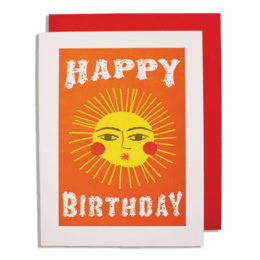 Vibrant orange birthday card with a smiling sun illustration and the text "HAPPY BIRTHDAY" in white lettering.