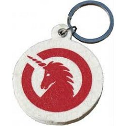 Felt unicorn keyring with red unicorn logo. Compact and portable accessory for keys.