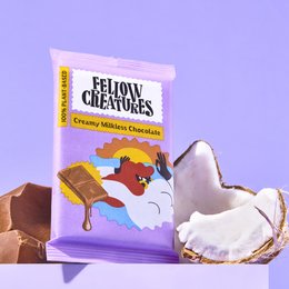 Creamy milkless chocolate bar with a whimsical creature design on the packaging.