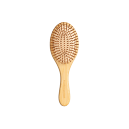 Oval-shaped bamboo hairbrush with natural bristles, eco-friendly and vegan.