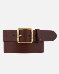 Vintage gold square buckle leather belt in black, brown, and cognac colors. Available in sizes XS-XL. Durable leather construction with a classic square buckle closure.