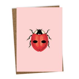 Greeting card featuring a vibrant red ladybug illustration on a pink background. The card is suitable for various occasions and can be used for greetings, thank-you notes, or as a decorative piece.